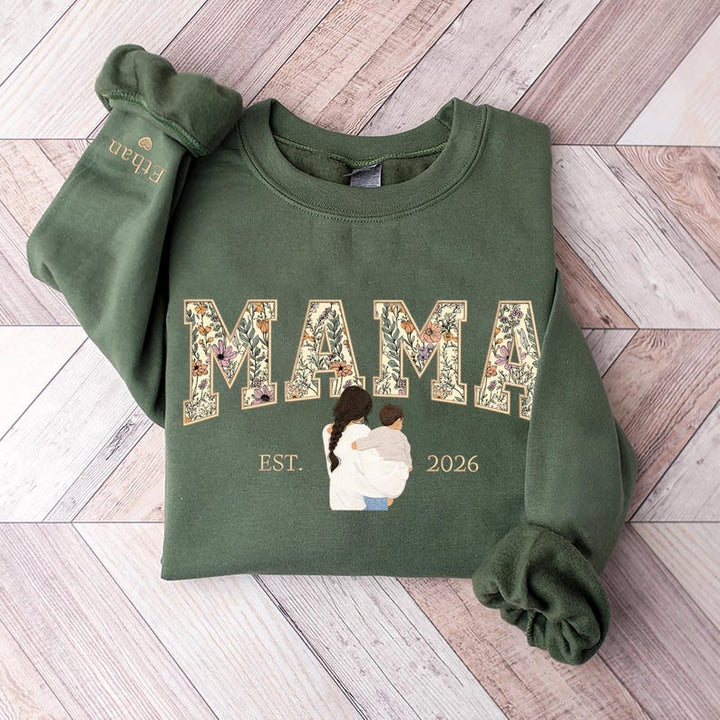 Sweat-shirt personnalisé brodé de motifs floraux avec portrait pour maman