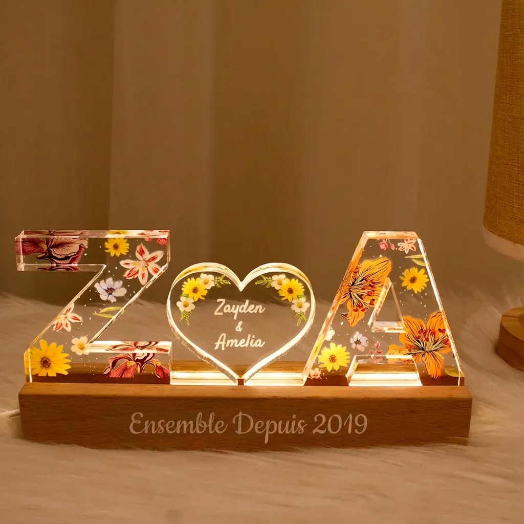 Veilleuse LED en acrylique floral avec initiales de couple personnalisées