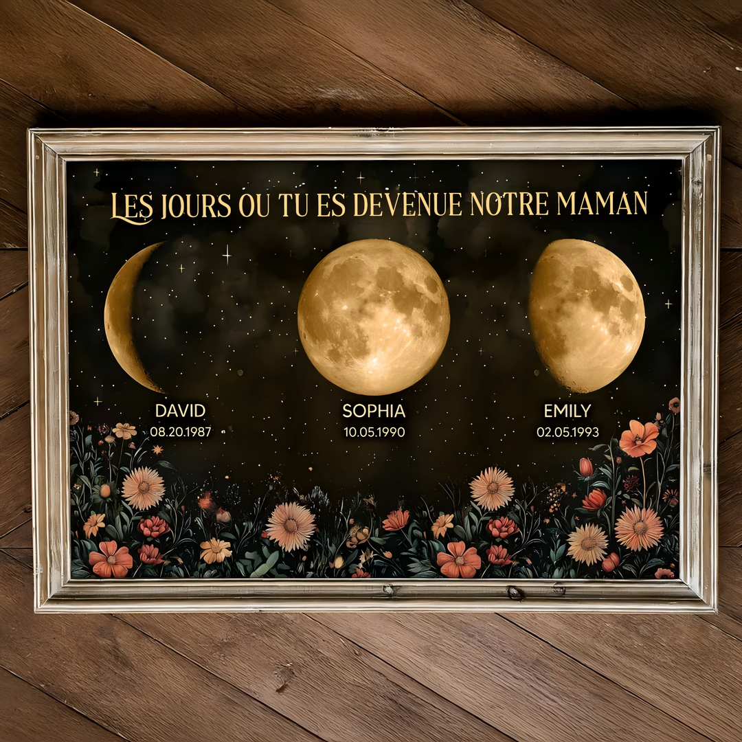 Affiche personnalisée avec phases de lune et fleurs vintage, cadeau sincère pour la fête des Mères 2025