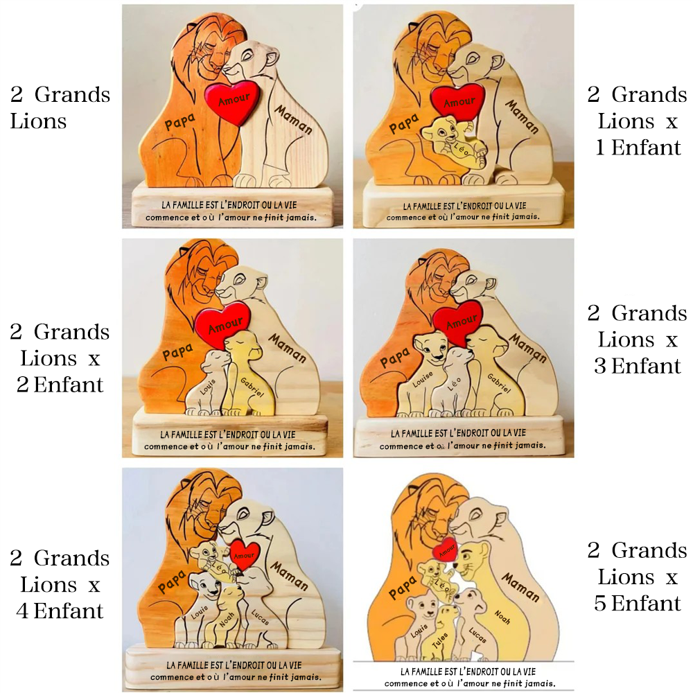 Puzzle personnalisé en bois Famille de lions – Décoration et cadeau personnalisés