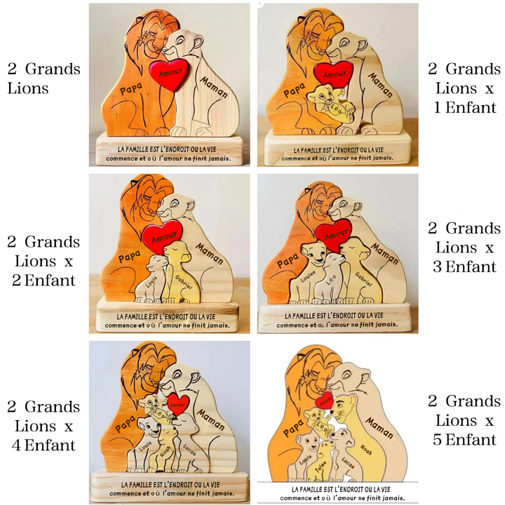 Puzzle personnalisé en bois Famille de lions – Décoration et cadeau personnalisés