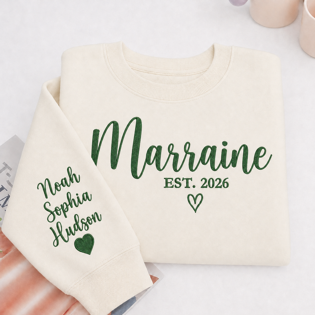 Sweat-shirt brodé personnalisé avec les prénoms des enfants sur la manche – Le cadeau idéal pour maman et marraine