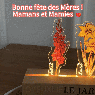 Fleur de naissance personnalisée en acrylique 3D avec lumière LED et prénoms des enfants