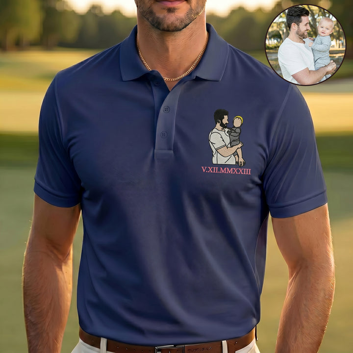 Polo personnalisé avec portrait couleur et date romaine, le cadeau parfait pour papa