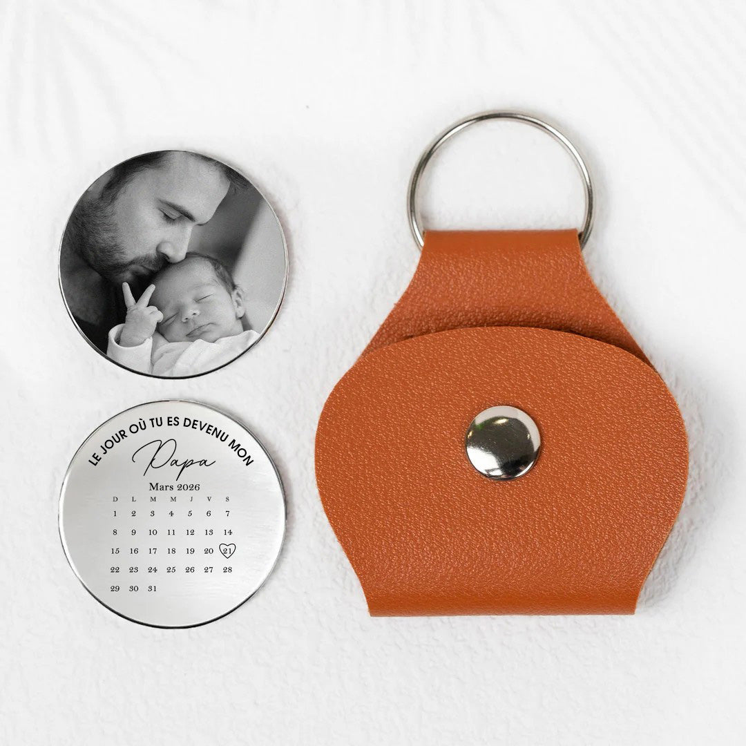 Le jour où tu es devenu mon papa, pochette photo personnalisée en cuir