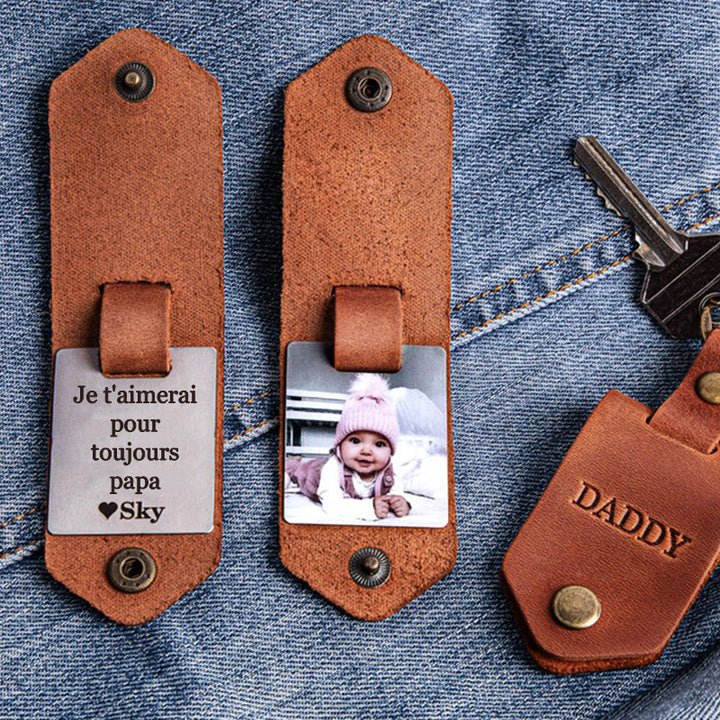 Cadeau pour papa pour la première fois, porte-clés en cuir personnalisé avec photo et nom, cadeau pour nouveau papa de la part de sa fille, cadeau photo pour futur papa