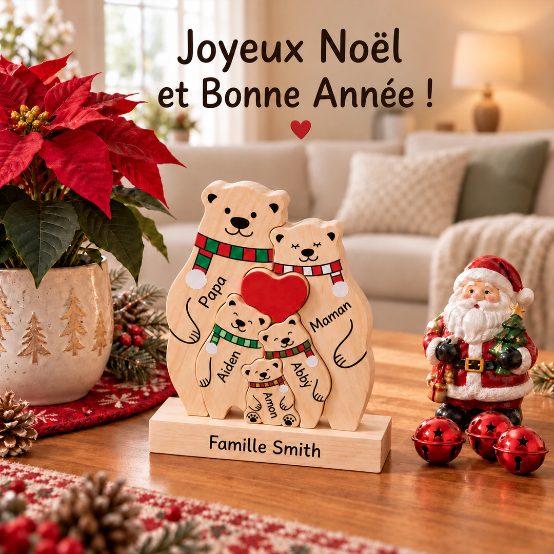 Puzzle Famille d’Ours en Bois Personnalisé avec Prénoms et Socle – Décoration de Noël pour Toute la Famille