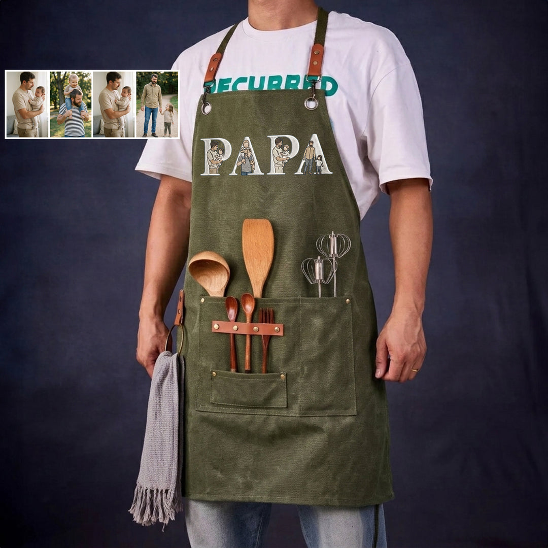 Tablier de barbecue en toile cirée brodée d'un portrait, spécialement conçu pour papa