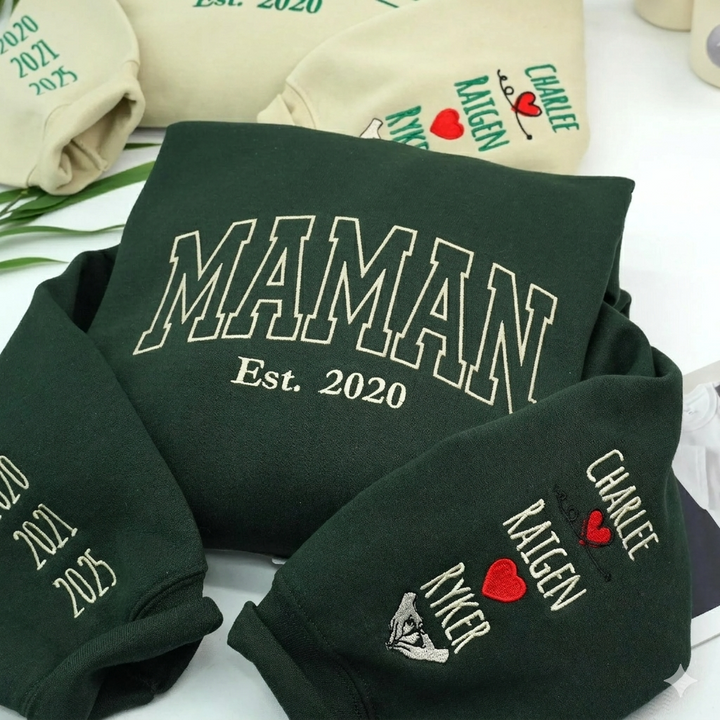 Sweat-shirt brodé pour maman avec le prénom et date de l'enfant