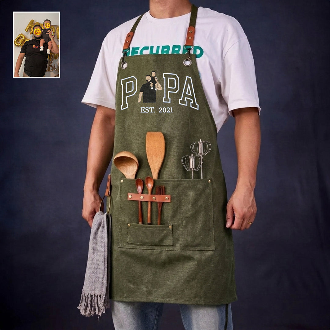 Tablier de barbecue en toile cirée brodée d'un portrait, cadeau pour papa