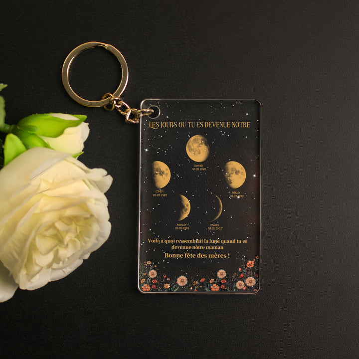 Porte-clés pendentif fleur en acrylique, phases de lune, cadeau de fête des mères