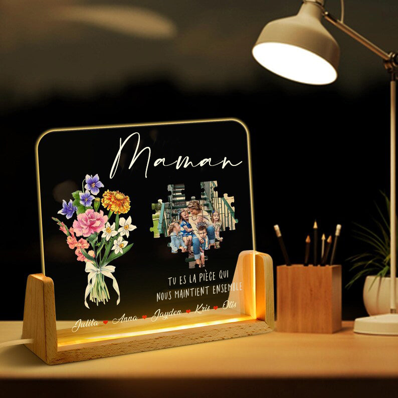 Lampe LED Photo Personnalisée, Cadeau de Fête des Mères avec Fleur de Mois de Naissance Personnalisée