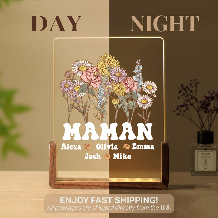 Fleur de naissance personnalisée en acrylique avec lumière LED et prénoms des enfants