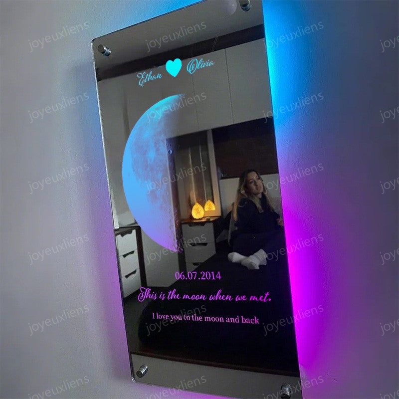 Miroir lumineux personnalisé pour couple avec phases de lune