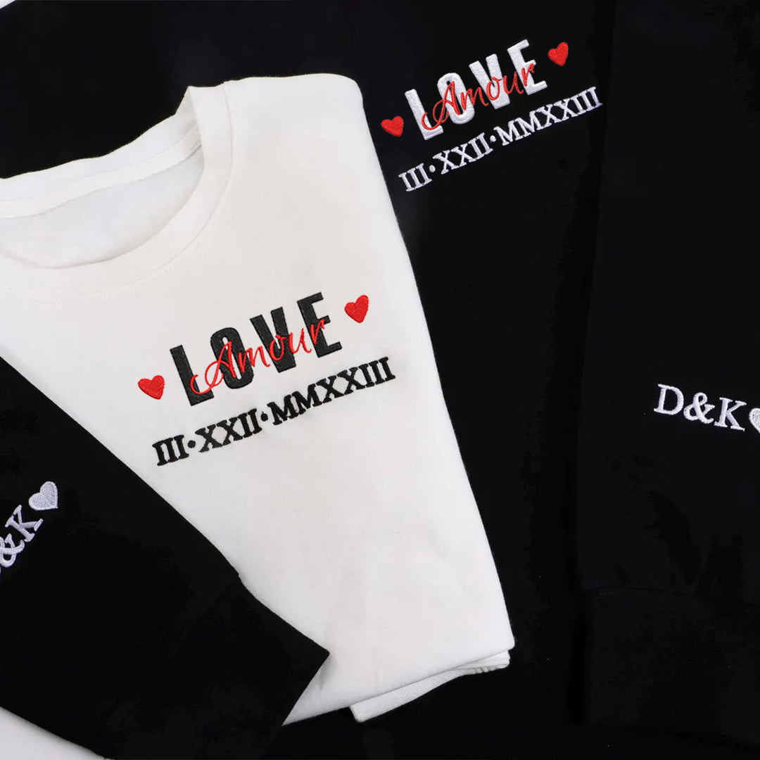 Sweat-shirts pour couples brodés en chiffres romains avec les mots LOVE et Amour