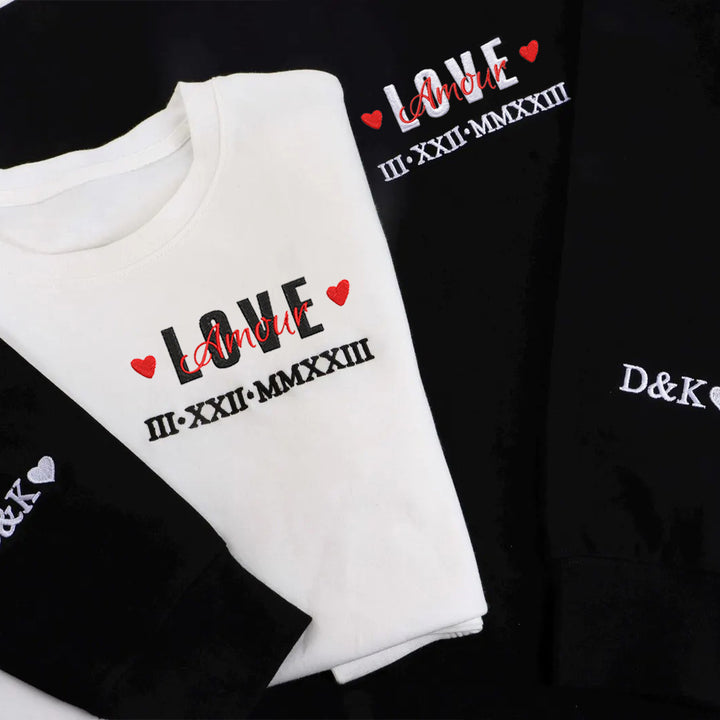 Sweat-shirts pour couples brodés en chiffres romains avec les mots LOVE et Amour