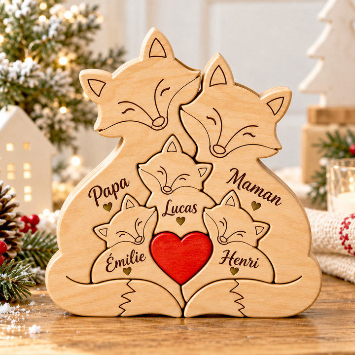 Puzzle Famille de Renards en Bois Personnalisé avec Prénoms– Décoration de Noël pour Toute la Famille