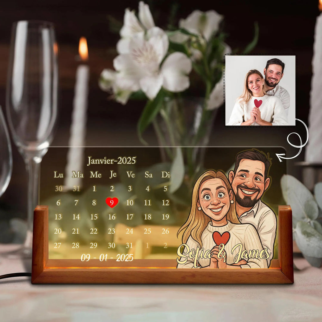 Lampe LED calendrier personnalisée avec portrait de couple, cadeau de Saint-Valentin