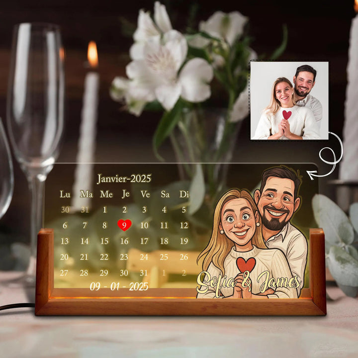 Lampe LED calendrier personnalisée avec portrait de couple, cadeau de Saint-Valentin