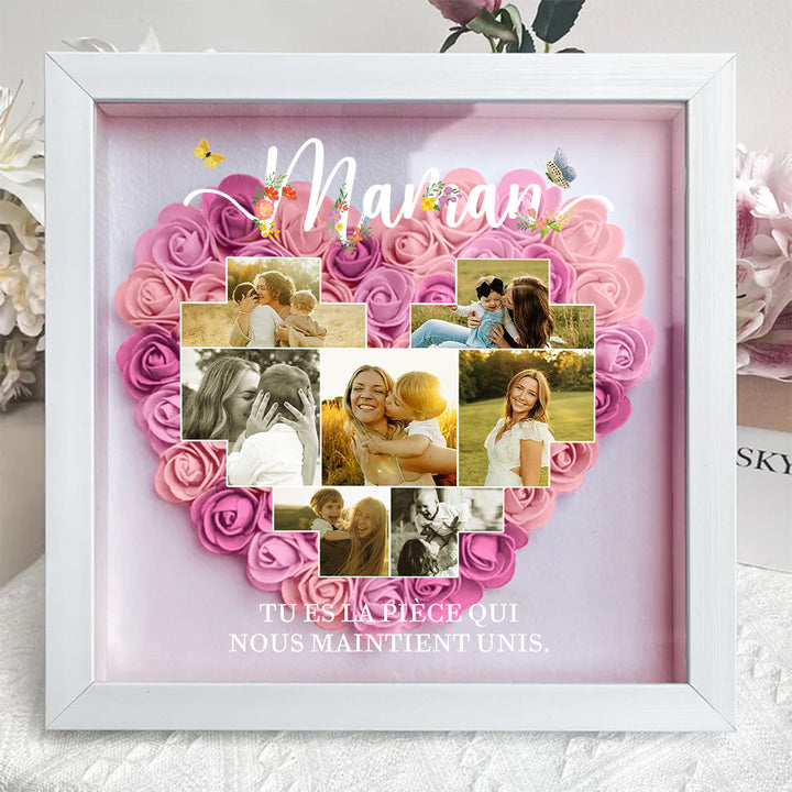 Boîte d’ombre cœur en roses personnalisée avec photos – Cadre souvenir familial