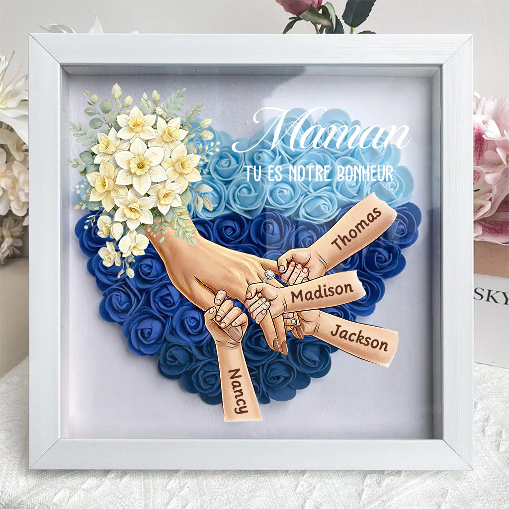 Boîte d’ombre cœur floral personnalisée Maman mains avec prénoms enfants et bague manicure