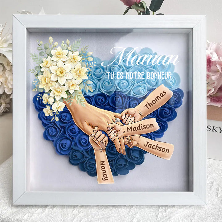 Boîte d’ombre cœur floral personnalisée Maman mains avec prénoms enfants et bague manicure