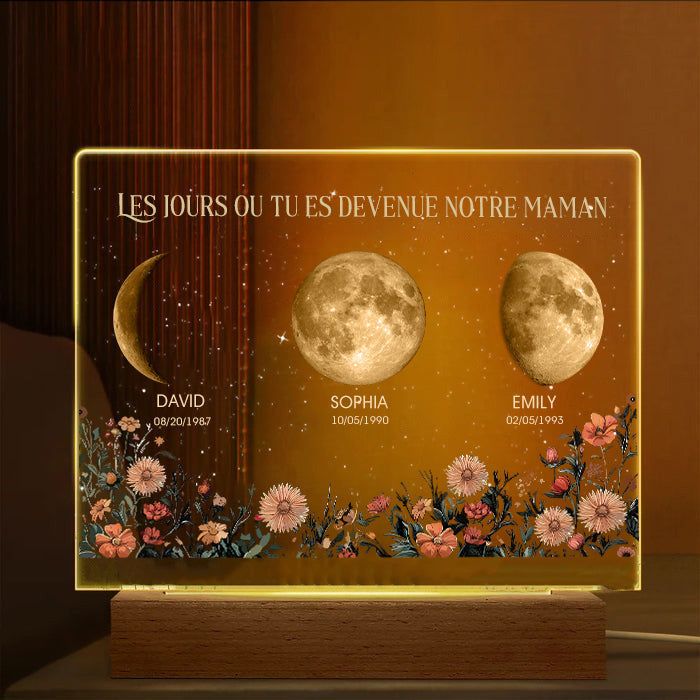 Lumière LED personnalisée les jours où vous êtes devenu notre maman avec base en bois et phase de lune⭐️