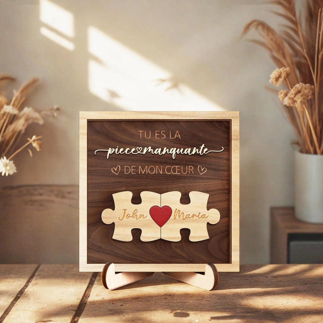 Panneau en bois personnalisé pour couple.,Tu es la pièce manquante de mon cœur,Cadeau avec prénoms gravés