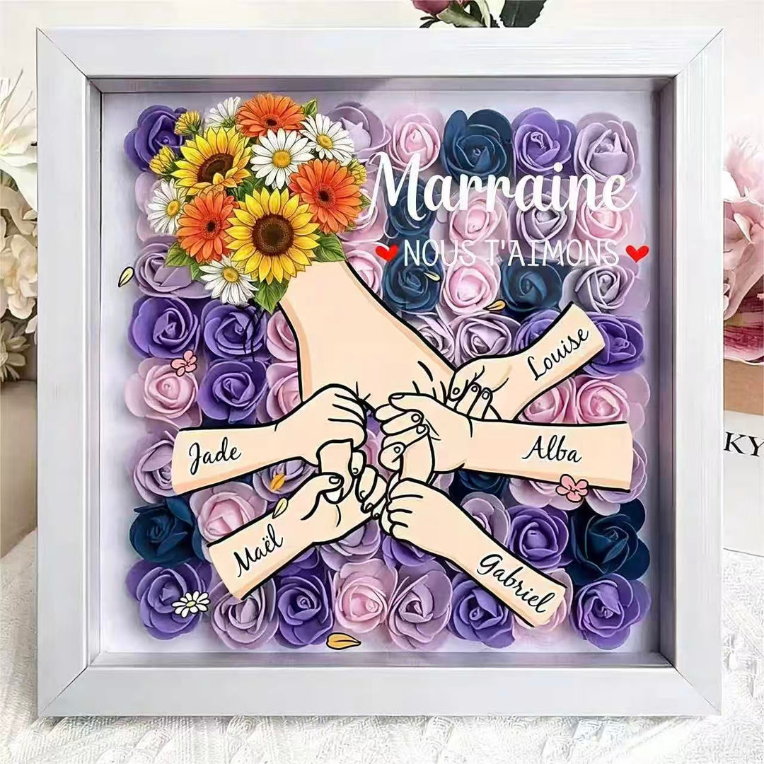 Cadre Ombre Personnalisé "Maman, je t’aime" – Bouquet Fait Main & Mains Entrelacées