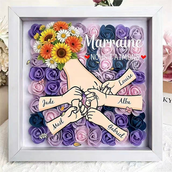 Cadre Ombre Personnalisé "Maman, je t’aime" – Bouquet Fait Main & Mains Entrelacées