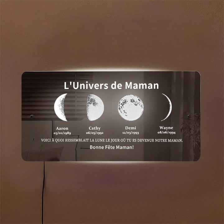 Miroir lumineux personnalisé avec phases de lune et date - Cadre artistique personnalisé pour maman - L’univers de Maman
