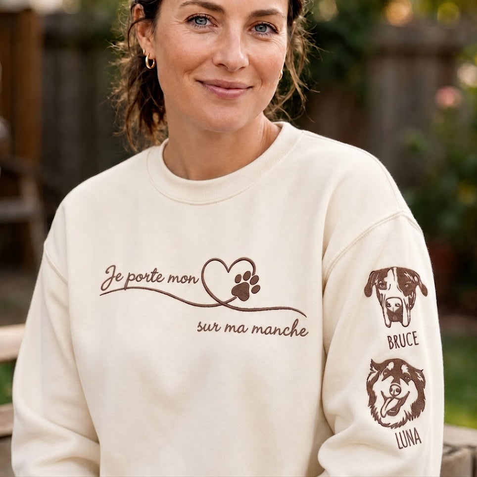 Sweat Personnalisé Portraité Animaux & Prénoms Manches - Cadeau Original pour Amoureux des Chiens et Chats