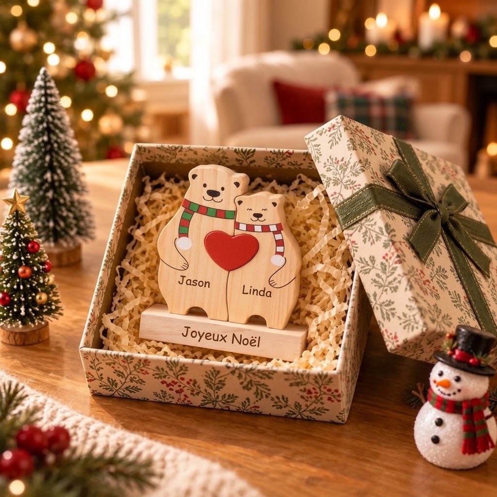 Puzzle Famille d’Ours en Bois Personnalisé avec Prénoms et Socle – Décoration de Noël pour Toute la Famille