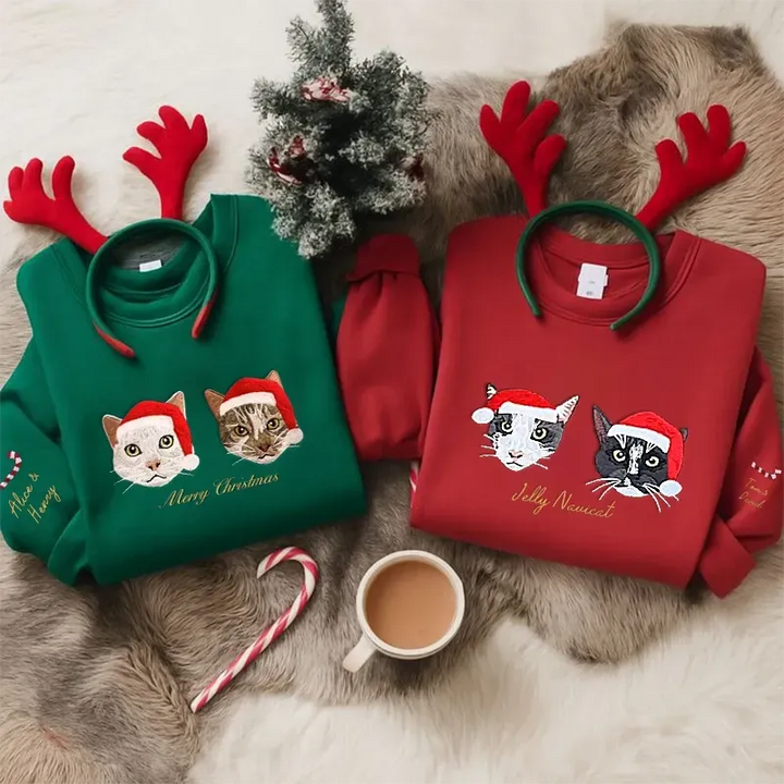 Sweat-shirt brodé en couleur avec portrait d'animal personnalisé (2025), avec chapeau de Noël en option