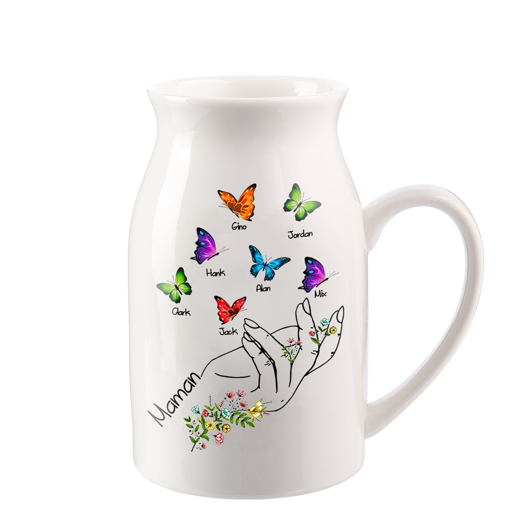 Vase à Fleurs Mains et Papillons 2-8 Prénoms Personnalisés avec Texte