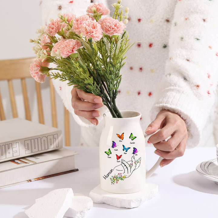 Vase à Fleurs Mains et Papillons 2-8 Prénoms Personnalisés avec Texte
