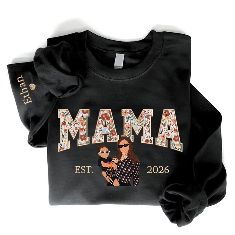 Sweat-shirt personnalisé brodé de motifs floraux avec portrait pour maman