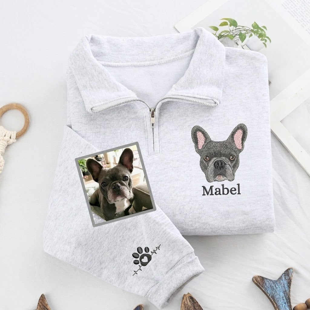 Sweat à Quart de Zip Personnalisé avec Portrait d'Animal Brodé en Couleurs