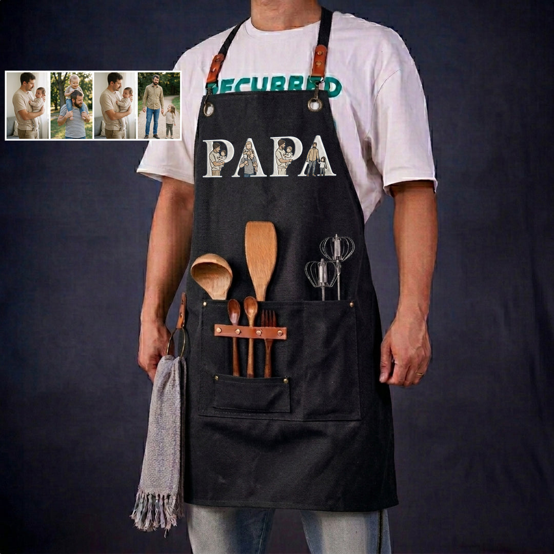 Tablier de barbecue en toile cirée brodée d'un portrait, spécialement conçu pour papa