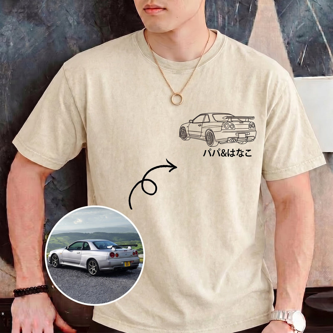 T-shirt effet délavé pour papa, avec un motif de silhouette de voiture appliqué par transfert thermique