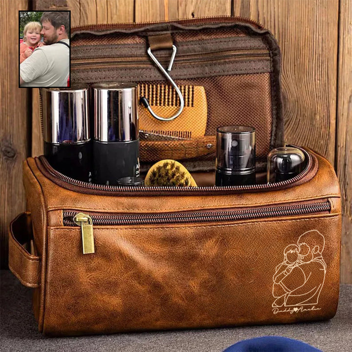 Portrait Personnalisé - Trousse de Toilette Homme en Cuir, Cadeau Unique pour Père