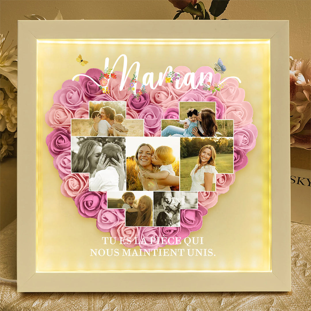 Boîte d’ombre cœur en roses personnalisée avec photos – Cadre souvenir familial