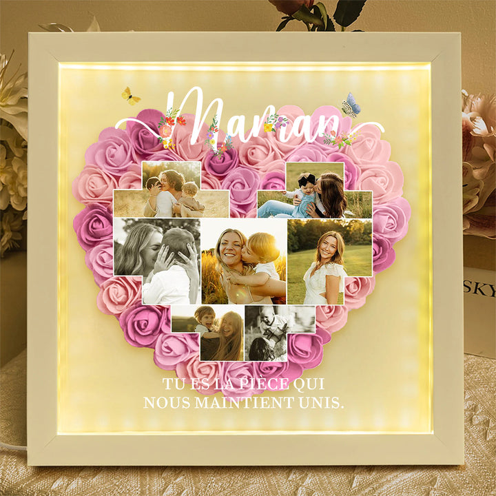 Boîte d’ombre cœur en roses personnalisée avec photos – Cadre souvenir familial
