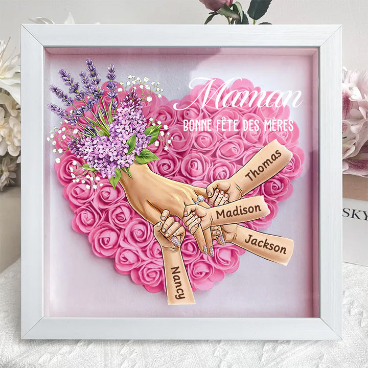 Boîte d’ombre cœur floral personnalisée Maman mains avec prénoms enfants et bague manicure