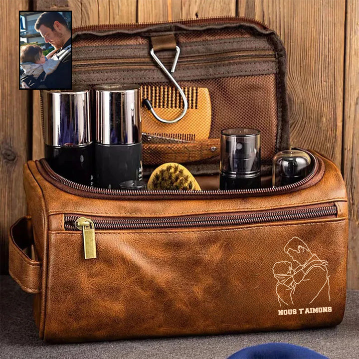 Portrait Personnalisé - Trousse de Toilette Homme en Cuir, Cadeau Unique pour Père