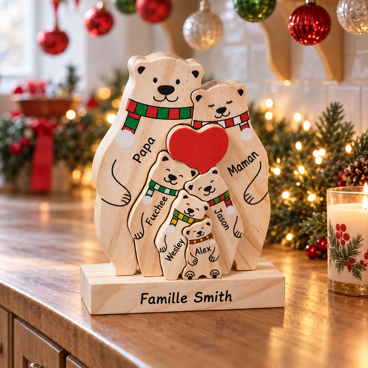Puzzle Famille d’Ours en Bois Personnalisé avec Prénoms et Socle – Décoration de Noël pour Toute la Famille