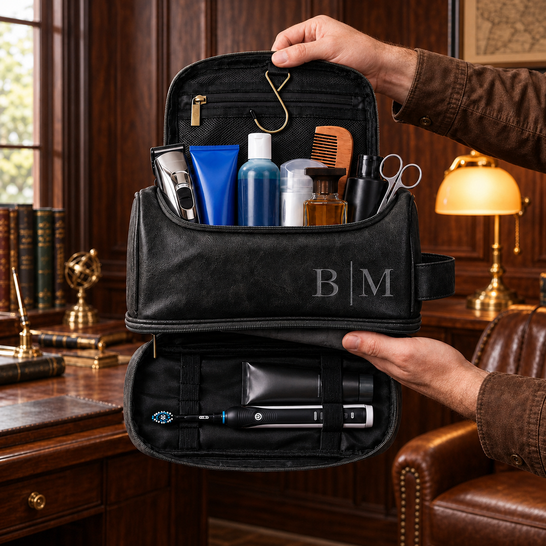 Trousse de toilette personnalisée en cuir double couche – un cadeau pour les pères et les hommes