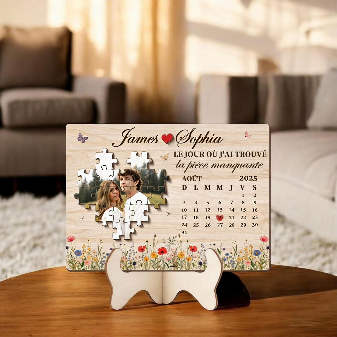 Puzzle personnalisé pour couple « Le jour où j'ai trouvé ma pièce manquante » avec plaque date personnalisée, cadeau d'anniversaire pour elle