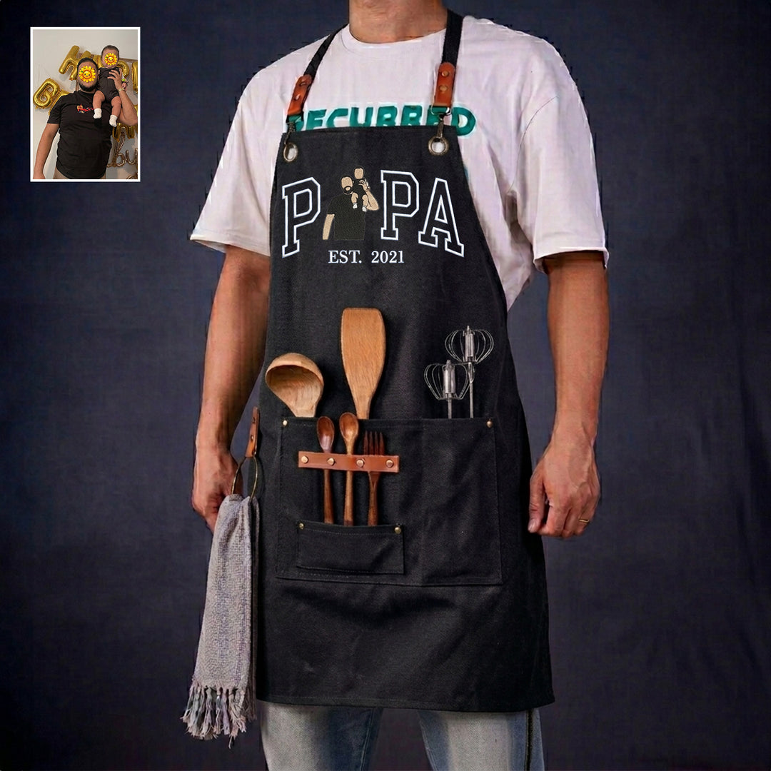 Tablier de barbecue en toile cirée brodée d'un portrait, cadeau pour papa