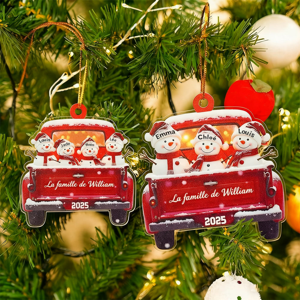 Décoration de Noël personnalisée en forme de bonhomme de neige mignon dans un camion rouge